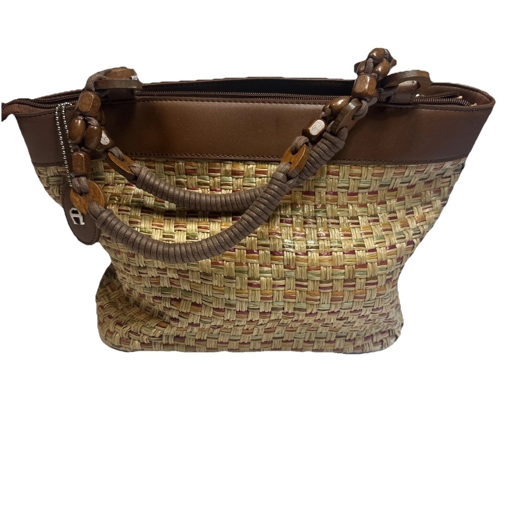 Vtg Aigner Basket‎ Weave Wooden Bead Handles Purse/shoulder Bag (strap Missing)